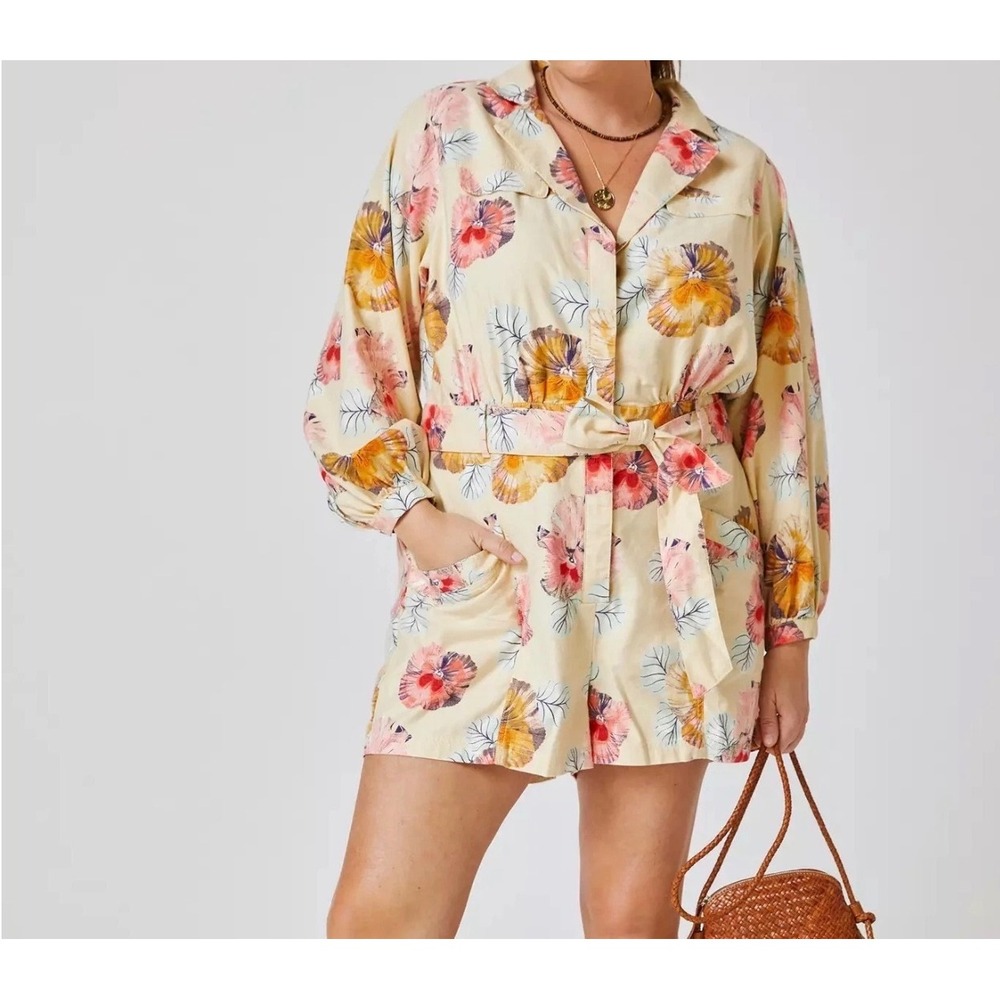 Anthropologie Cecilia Pettersson Floral Utility Romper Belted 2X‎ Long Sleeve